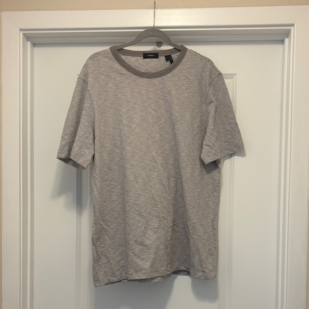 Theory Gray and White Striped T shirt great XL NWOT jersey